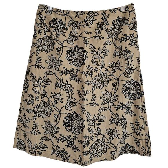 Eddie Bauer Beige Black Floral Side Zip Knee-length‎ Skirt 10 A-Line 100% Cotton - Picture 1 of 3